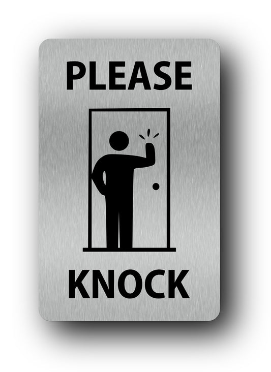 Premium Silver 'Please Knock' Sign - 3.54 x 5.51 Inches (90mm x 140mm) - 1mm Thick Aluminium, UV Printed for Long Term Outdoor Use, Self-Adhesive Backing – by North By North East – Signs