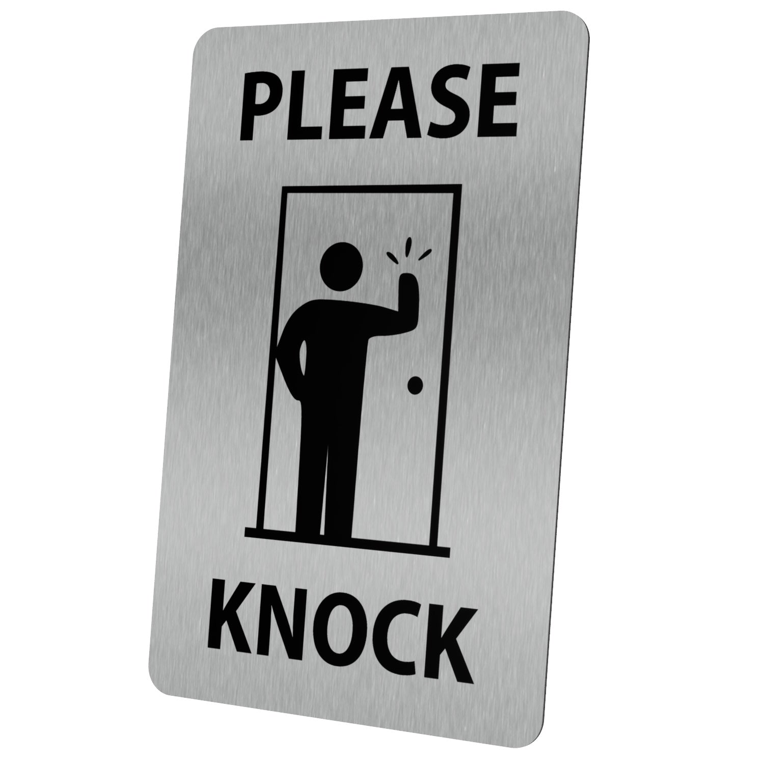 Premium Silver 'Please Knock' Sign - 3.54 x 5.51 Inches (90mm x 140mm) - 1mm Thick Aluminium, UV Printed for Long Term Outdoor Use, Self-Adhesive Backing – by North By North East – Signs