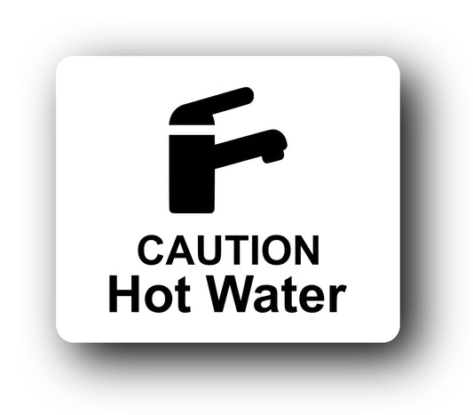 White 'Caution Hot Water' Sign - 4.72"x3.94" (120mm x 100mm) - Rigid 1mm Thick Substrate - UV Printed with Self-Adhesive Backing for Easy Installation – by North By North East – Signs