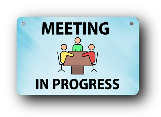 Light Blue 'Meeting in Progress' Sign - Aluminium Composite Door Sign with Twine, 140mm x 90mm, Ideal for Offices, Businesses, and Institutions, Easy to Hang – by North By North East – Business Hours & Policy Signs