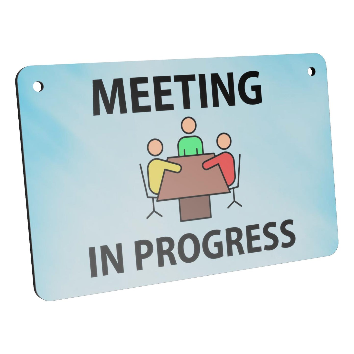 Light Blue 'Meeting in Progress' Sign - Aluminium Composite Door Sign with Twine, 140mm x 90mm, Ideal for Offices, Businesses, and Institutions, Easy to Hang