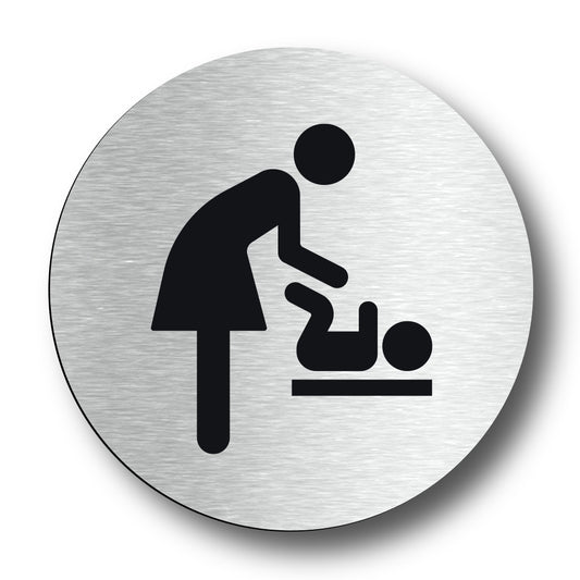Baby Changing Facility Sign - 70mm x 70mm, Self-Adhesive Backing, Silver Circular Sign for Baby Changing Area - Clear Signage for Baby Changing Room – by North By North East – Signs