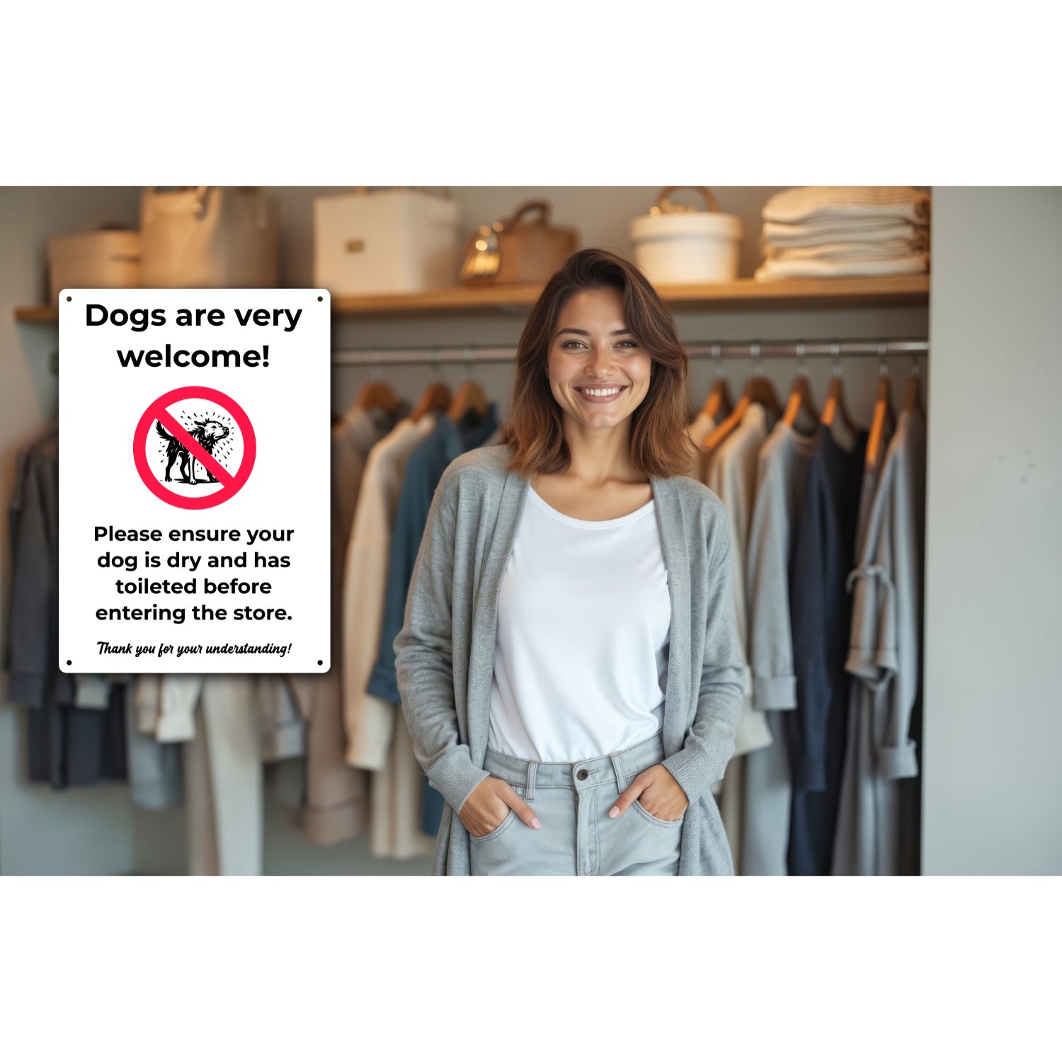 Dogs Welcome Sign • “Please Ensure Your Dog Is Dry & Has Toileted” • A4 3mm Aluminum Composite • UV Printed • 4 Corner Holes • Weatherproof – by North By North East – Toilet & Bathroom Signs