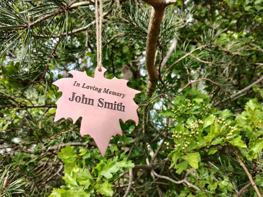 Personalised Copper Leaf Memorial — Hanging Tree/Plant Tribute (90 × 90 mm, 2 mm, Engraved) – by North By North East – Plaques & Nameplates
