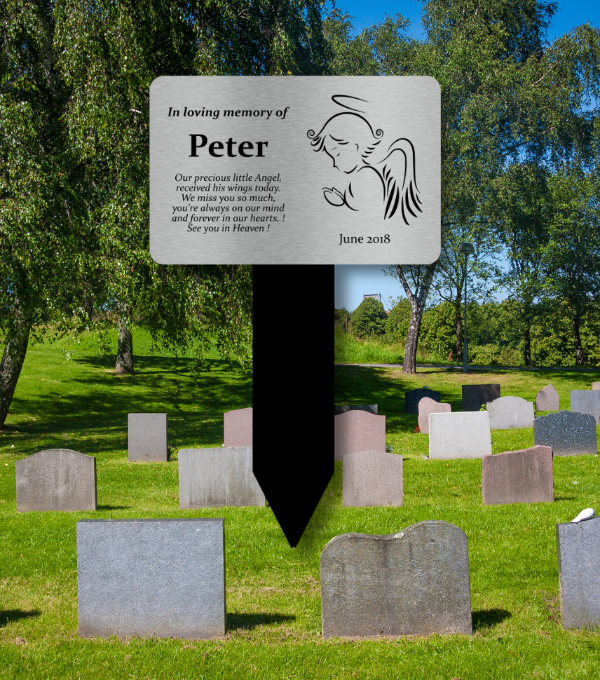 Personalised Silver Angel Memorial Plaque — Engraved Grave or Garden Marker with Stake (Weatherproof, Angel Motif) – by North By North East – Plaques & Nameplates