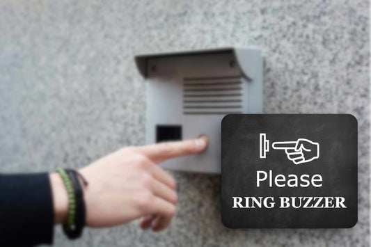 Black Self-Adhesive "Please Ring Buzzer" Sign - 4.72" x 3.94" - UV Printed for Outdoor Use – by North By North East – Signs